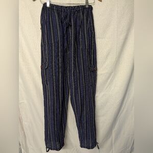 Men's Blue & Black Striped Cargo Drawstring Elastic Waist Pants From Peru Sz. XL